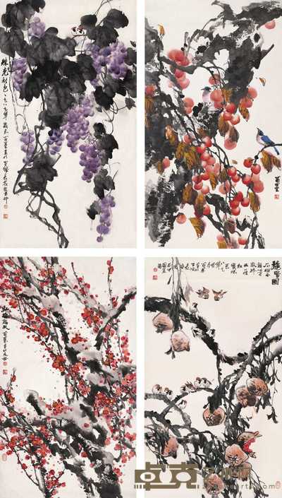 苗墨 花鸟图 四屏 136×75cm×4